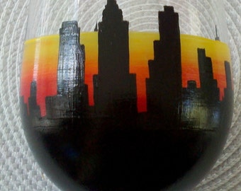 New York City Skyline hand painted wine glass