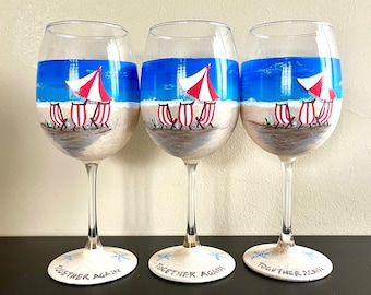 Three friends on the Beach hand painted wine glass