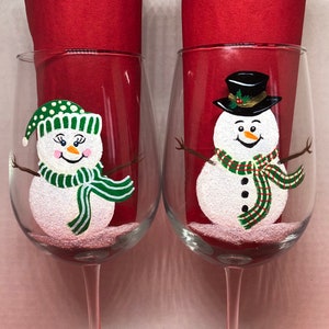 Green Holiday Snowman hand painted wine glasses