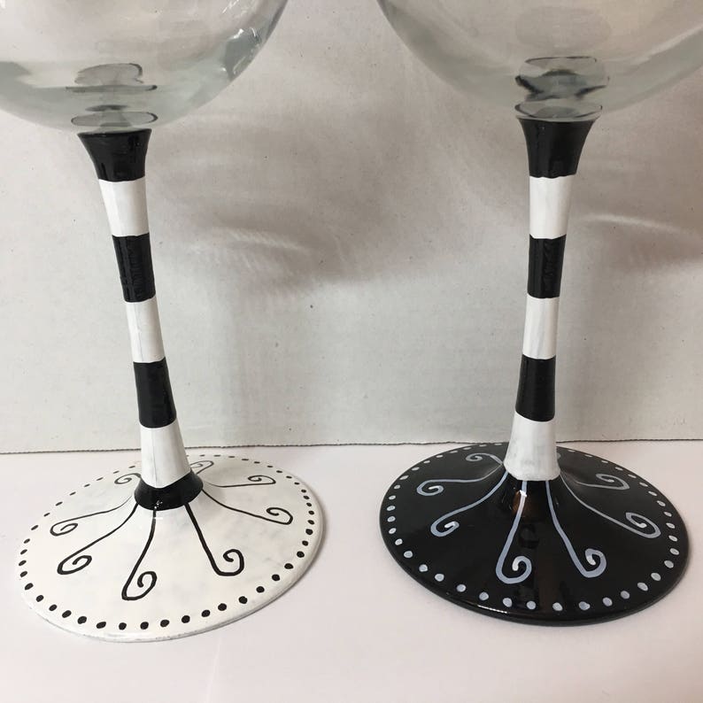 Black and white swirls and stripes hand painted wine glasses