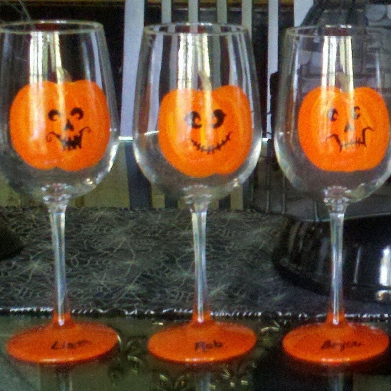 Pumpkin Party Halloween hand painted wine glasses. image 4