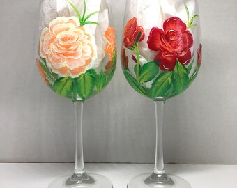 Rose hand painted wine glasses