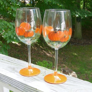 Pumpkin Harvest hand painted wine glasses