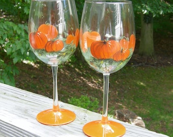 Pumpkin Harvest hand painted wine glasses