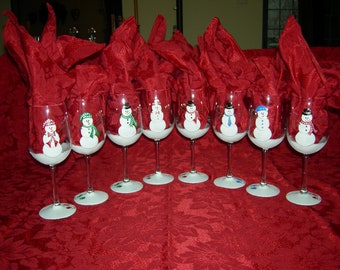 Snowman Holiday Party hand painted wine glasses