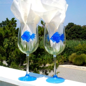 Blue Fish hand painted wine glasses. image 2