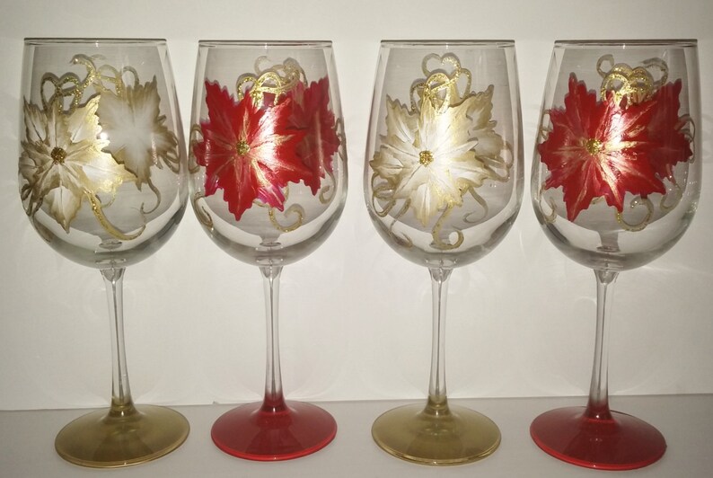 Poinsettia hand painted wine glasses Etsy