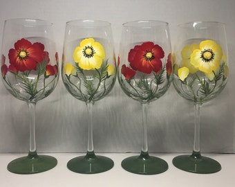 Pretty Red and yellow Poppies hand painted wine glasses