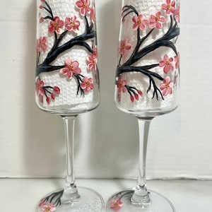 Spring Wedding Cherry Blossom hand painted champagne flutes