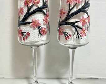 Spring Wedding Cherry Blossom hand painted champagne flutes
