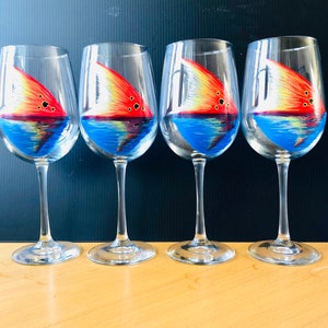 Red Tail fish tail hand painted wine glasses image 1