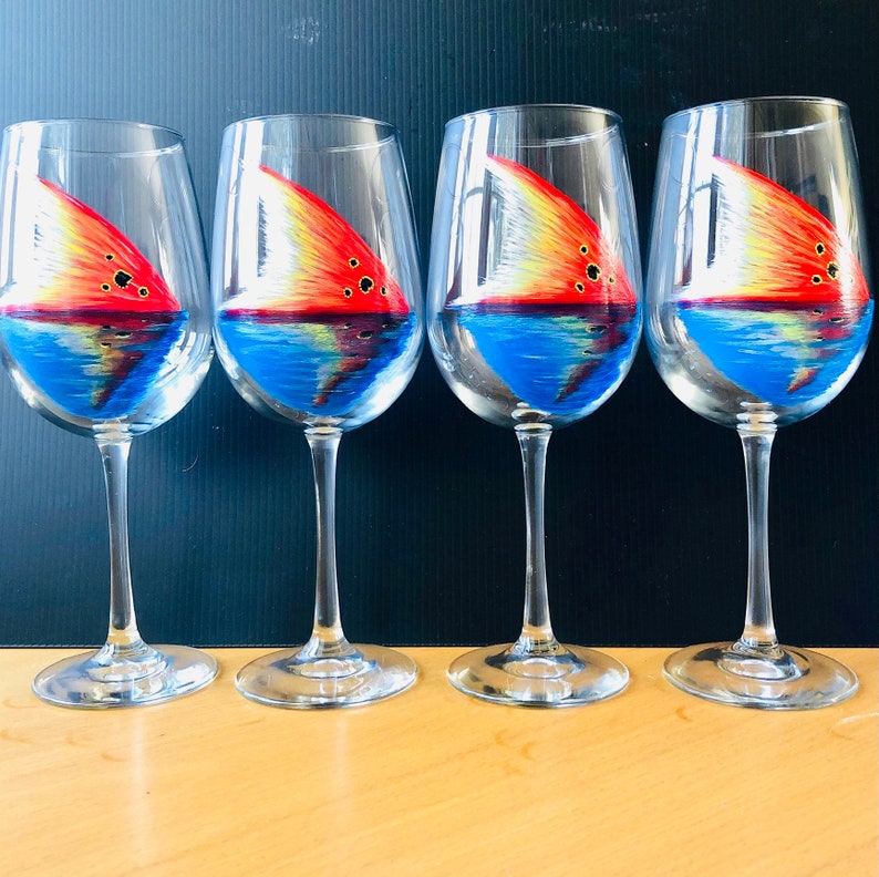 Red Tail fish tail hand painted wine glasses image 1