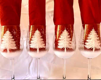 Christmas tree hand painted wine glasses