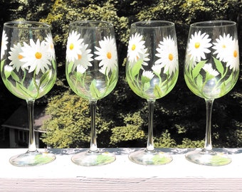 White daisy hand-painted wineglasses