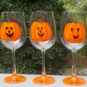 Pumpkin Party Halloween hand painted wine glasses. image 2