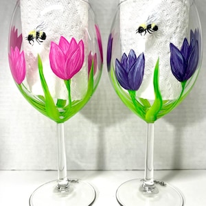 Spring Tulips and Bees hand painted wine glasses