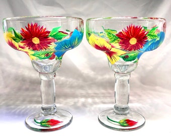 Hibiscus floral hand painted margarita glasses