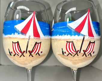 Beach scene hand painted wine glasses