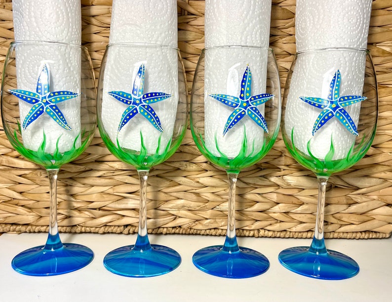 Fish and starfish hand painted wine glasses image 2