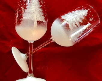 Christmas tree hand painted wine glasses