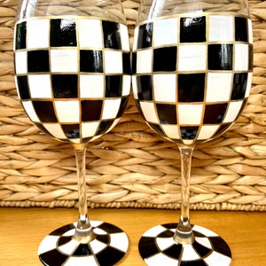 Black and white checked hand painted wine glasses