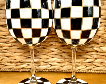 Black and white checked hand painted wine glasses