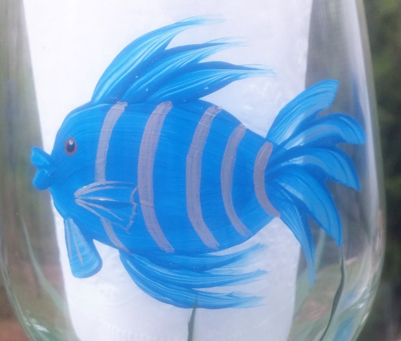 Blue Fish hand painted wine glasses. image 4