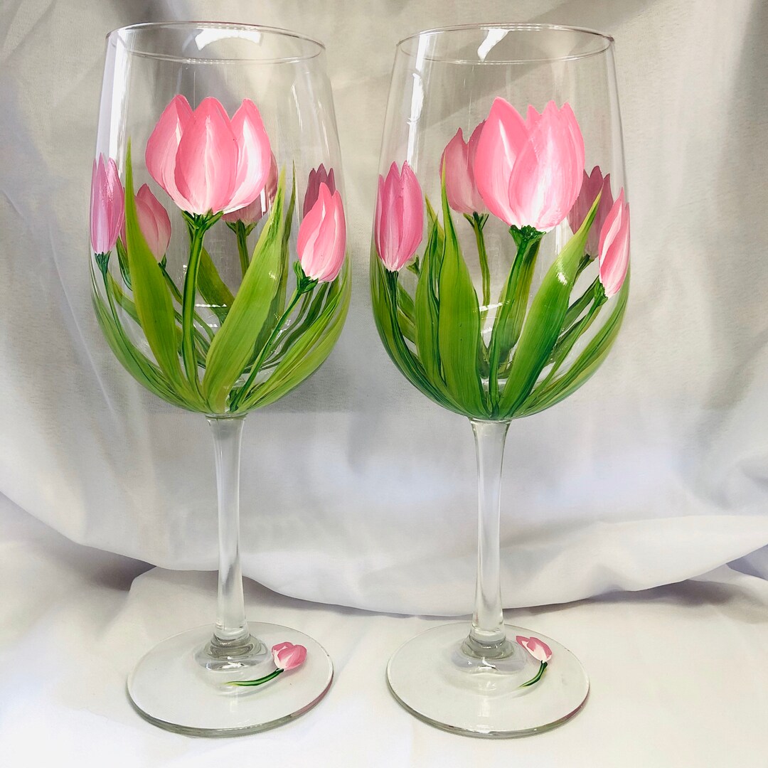 Pretty Pink Spring Tulips Hand Painted Wine Glasses - Etsy