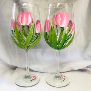 Pretty Pink Spring Tulips hand painted wine glasses
