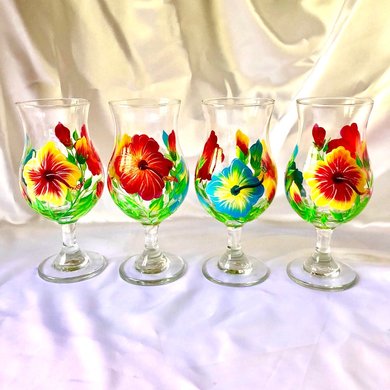 Hibiscus Flowers Hand Painted Wine Glasses Etsy