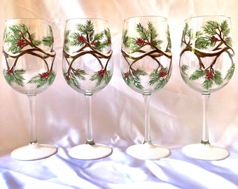Holiday pine branches and berries hand painted wine glasses