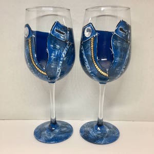 Two Diamonds and Denim hand painted wine glasses