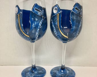 Two Diamonds and Denim hand painted wine glasses