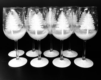 Christmas tree hand painted wine glasses