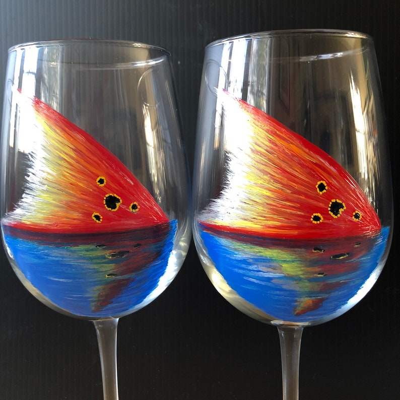 Red Tail fish tail hand painted wine glasses image 5