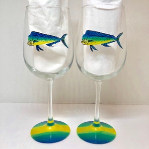 Sport fish Mahi mahi hand painted wine glasses