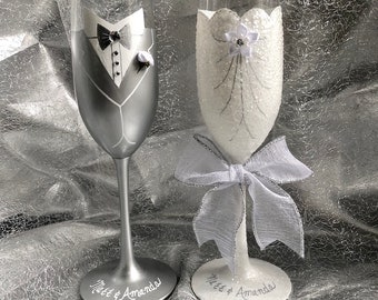 Bride and Groom Wedding hand painted champagne flutes