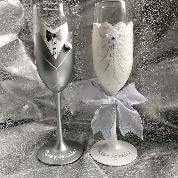 Bride and Groom Wedding Hand Painted Champagne Flutes