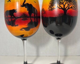 Out of Africa hand painted wine glasses