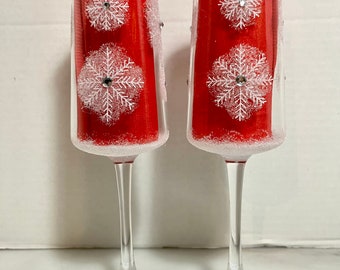 Snowflake hand painted champagne glasses