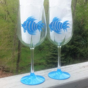 Blue Fish hand painted wine glasses. image 1