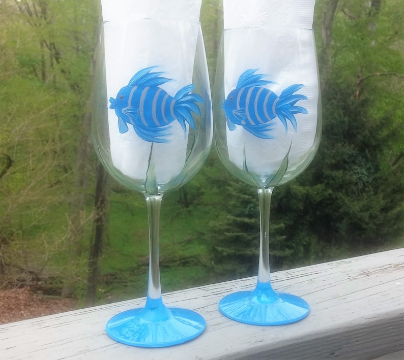 Blue Fish hand painted wine glasses. image 1