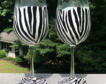 Zebra hand painted wine glasses