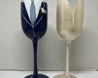 Bride and Groom Wedding hand painted champagne flutes