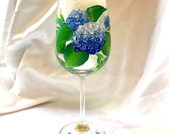 Blue Hydrangea hand painted wine glasses