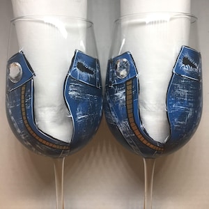 Diamonds and Denim hand painted wine glasses