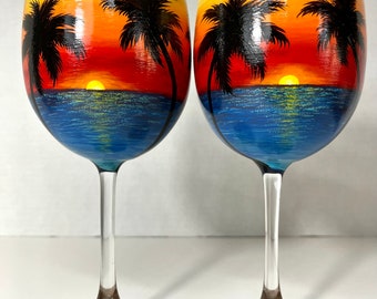 Tropical Sunset Beach scene hand painted wine glasses