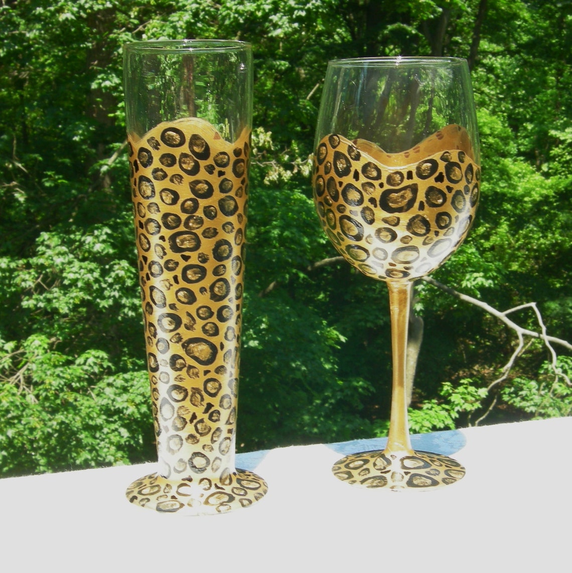 Leopard hand painted wine and beer glasses. Tarzan and Jane Etsy
