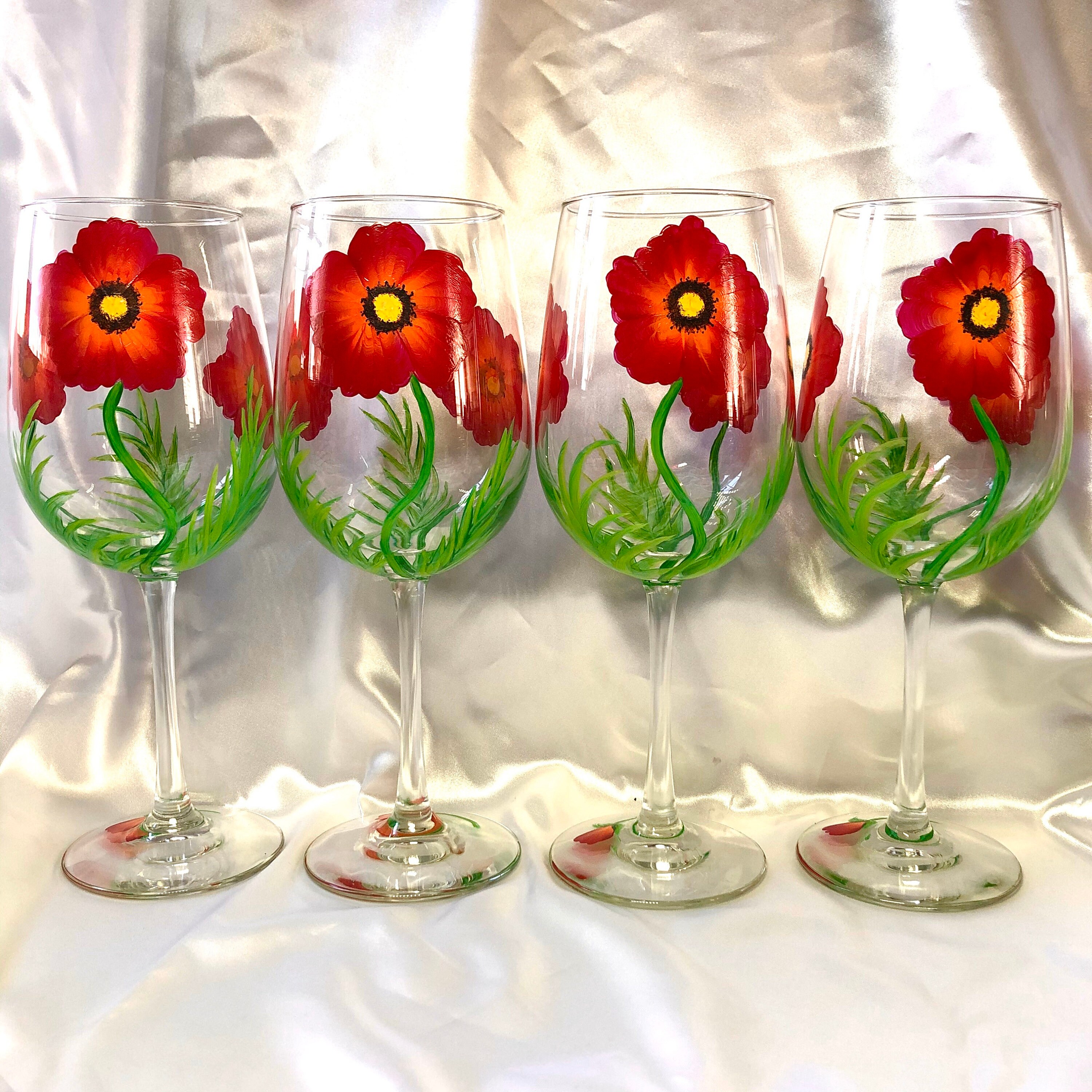 Pretty Red Poppies Hand Painted Wine Glasses Etsy