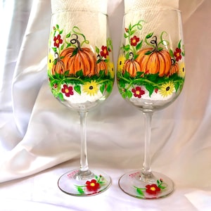 Fall Pumpkin Harvest hand painted wine glasses